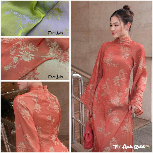 M426 Áo + quần cùng chất - Áo dài tằm ánh dáng suông màu cam đất kèm quần xanh