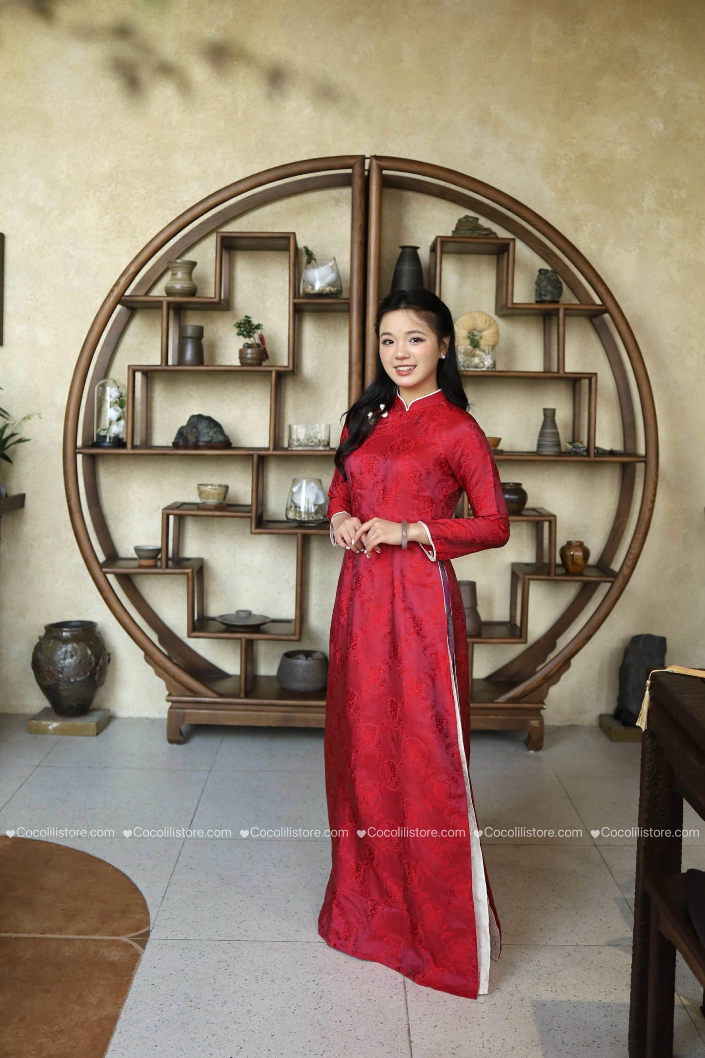 HD24 2163 Áo + quần - Áo dài lụa nha xá Hà Đông dáng truyền thống màu đỏ kèm quần tím