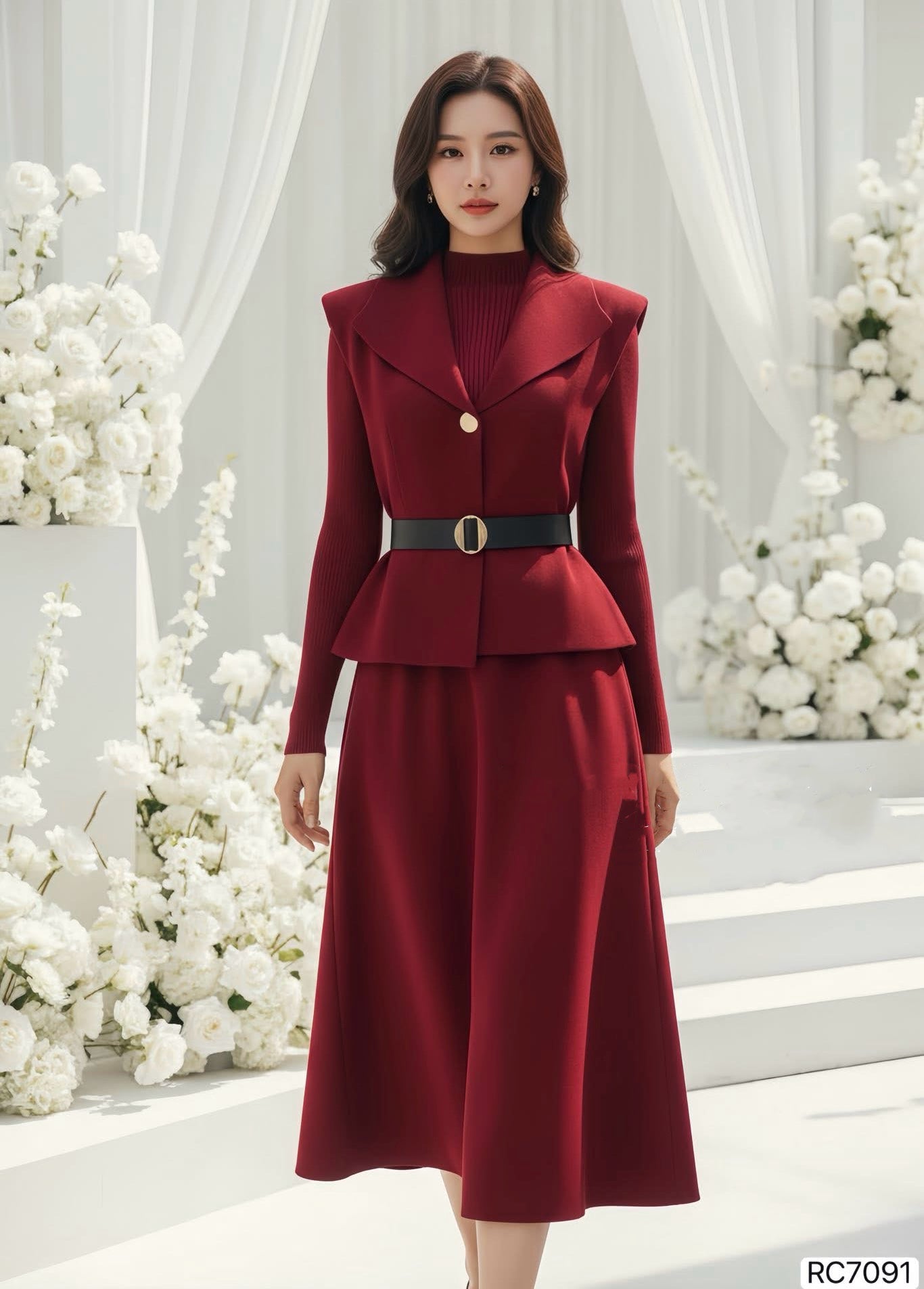 DRESS Rc7091 Set áo ghile đầm đỏ