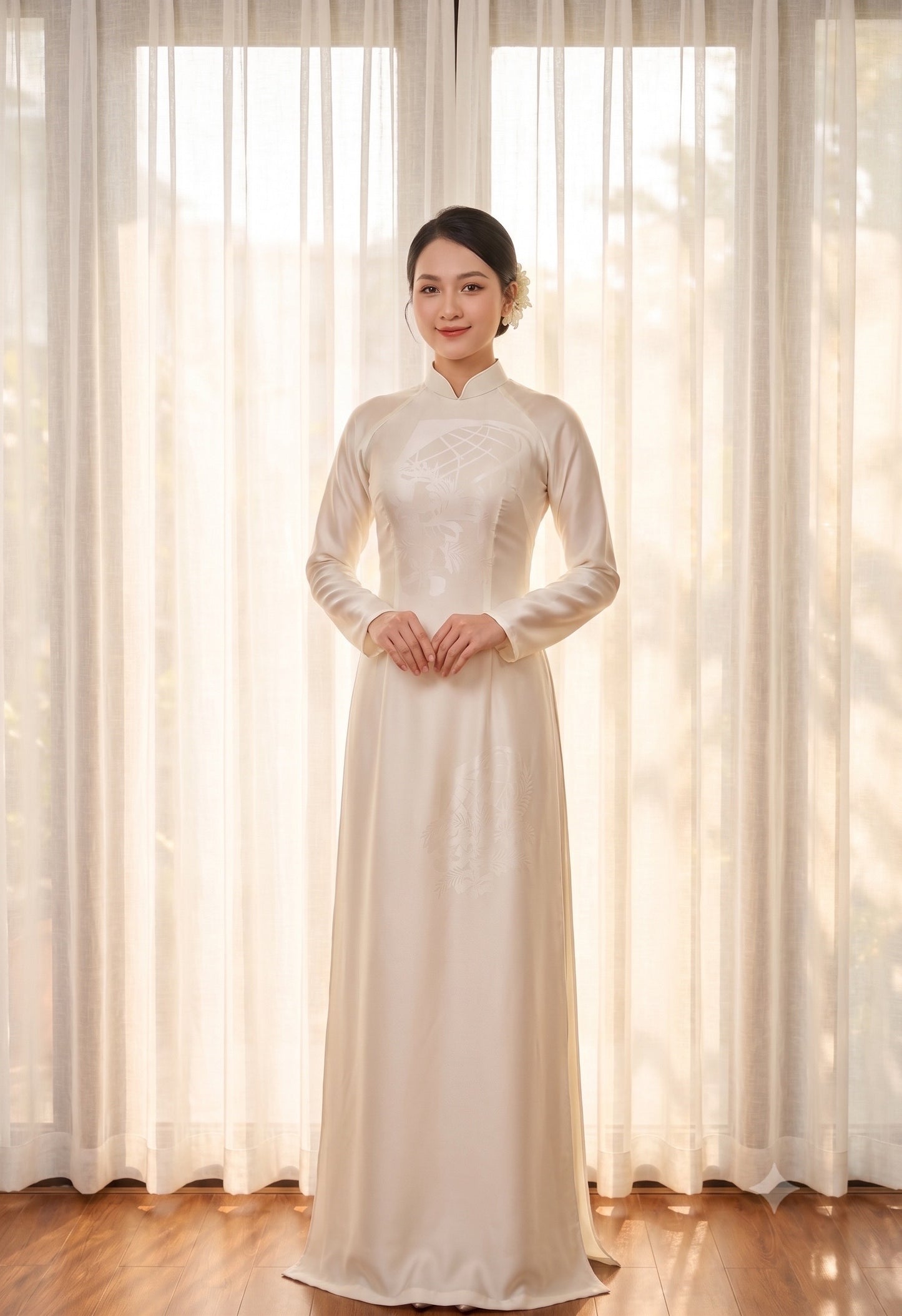 H783 4194 Áo only no pants - Áo dài lụa mã não 4D màu trắng kem