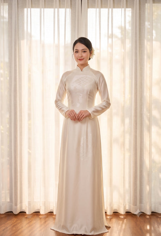H783 4194 Áo only no pants - Áo dài lụa mã não 4D màu trắng kem