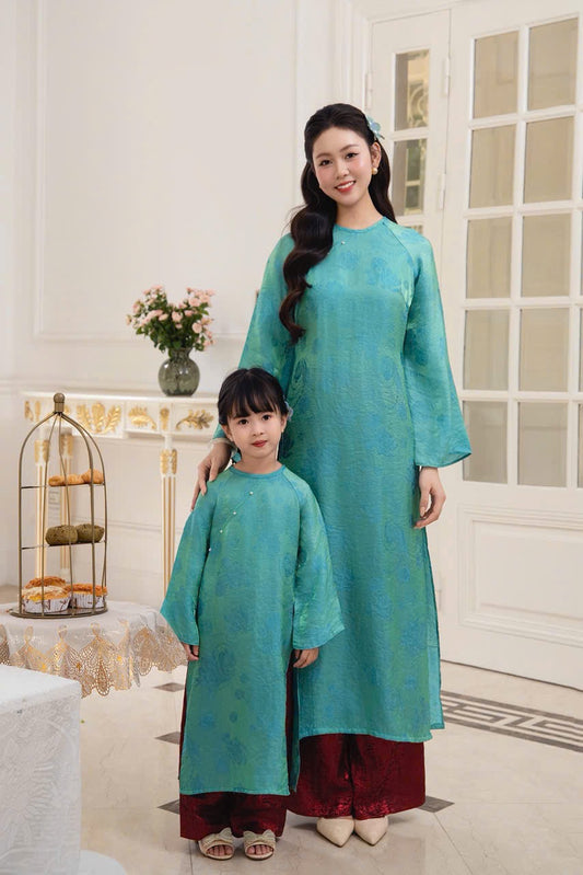 BG64 1725 Áo + quần - Áo dài bé gái lụa tencel màu xanh + quần nhũ