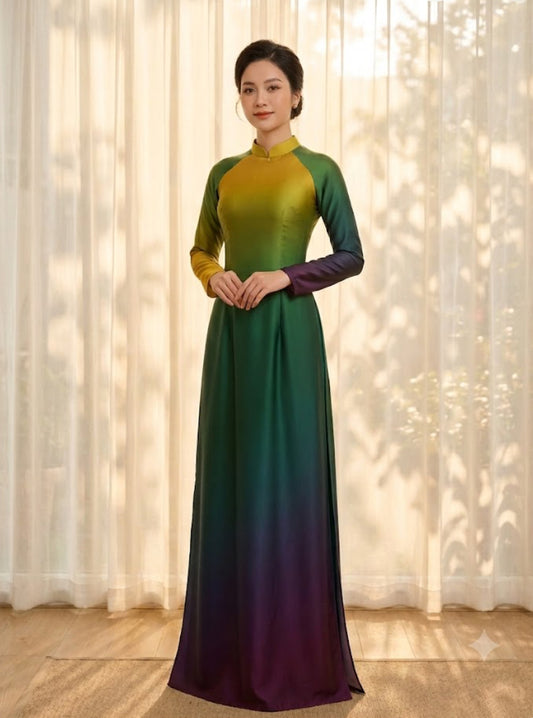 H776 4199 Áo only no pants - Áo dài lụa ánh sao màu loang