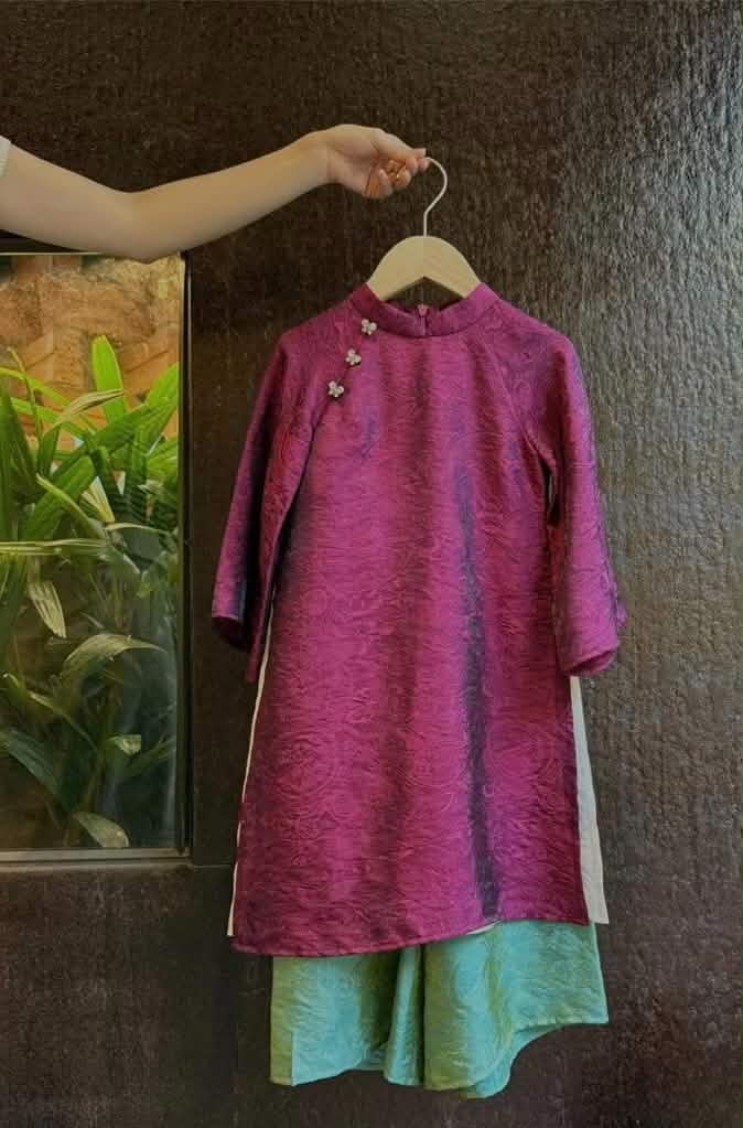 BG129 Áo + quần - Áo dài bé gái lụa tằm ánh kim tencel