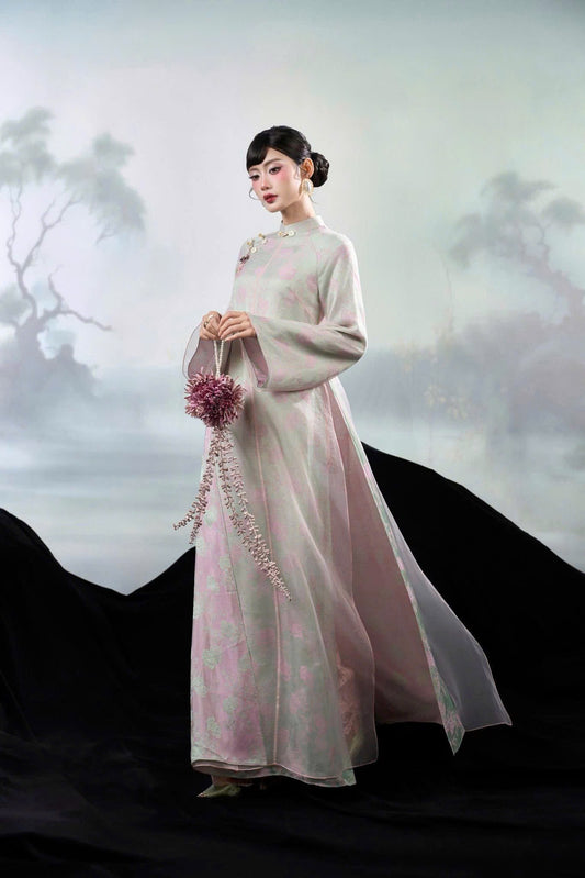 H853 4462 Áo only no pants - Áo dài dáng suông 2 tà lụa silk óng xám ánh hồng kèm choàng tơ
