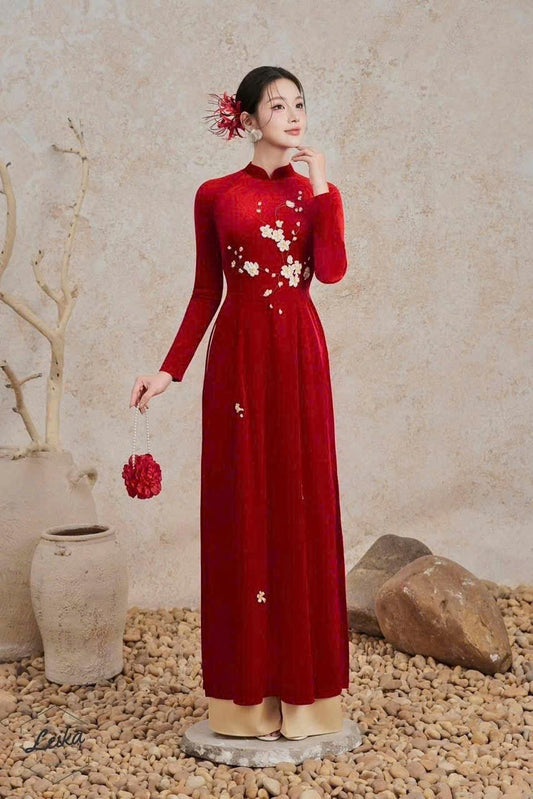 S250 2142 only áo - Áo dài nhung đỏ đính hoa ruy băng