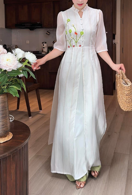 AD3053 3787 Áo Dài 4 tà đồng hoa màu trắng