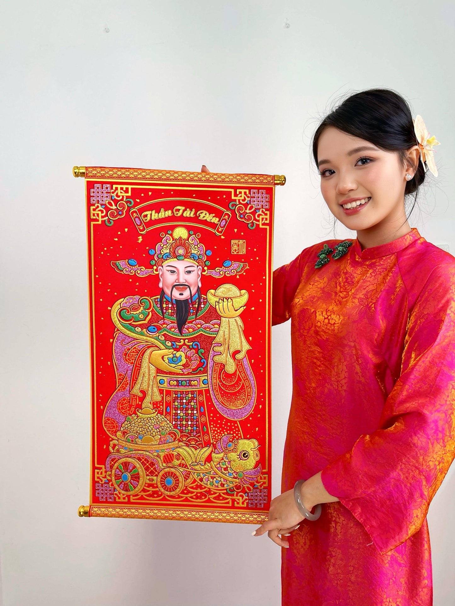 TET101 - Liễn đơn nhung THẦN TÀI ĐẾN - 3D siêu sắc nét