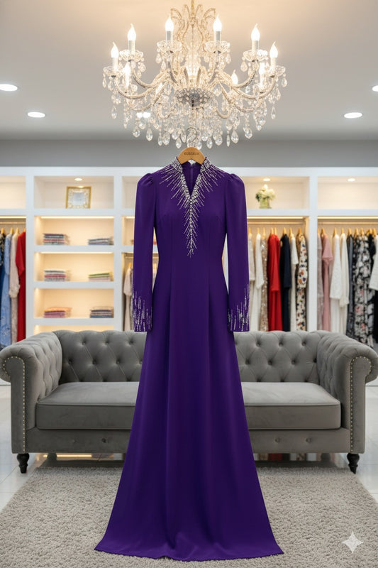 S225 1602 Áo only - Áo dài lụa mỹ đính cổ tay bồng màu tím