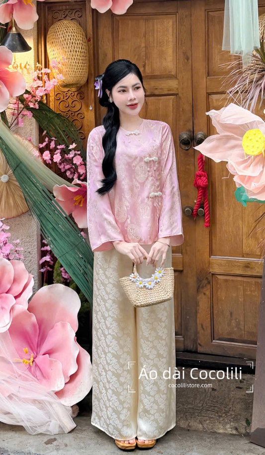 BB55 - Set bà ba lụa gấm thọ dơi khuy đá