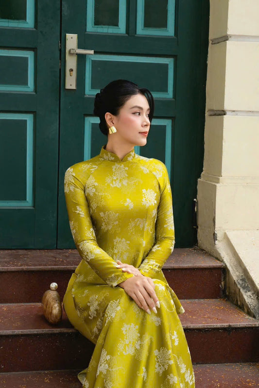 M292 2158 Áo + quần - Áo dài dáng truyền thống lụa gấm màu cốm