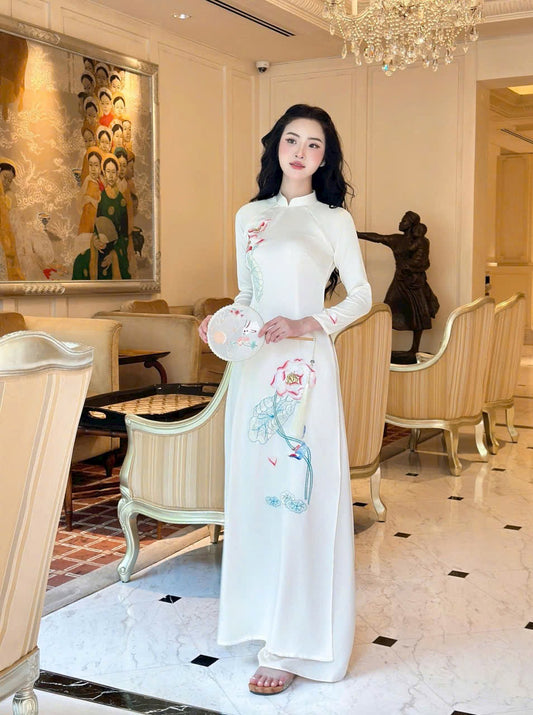 M224 2319 Áo + quần kem - Áo dài ngọc trai trắng thêu sen Liên Châu