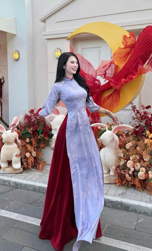 H190 Áo + quần - Áo dài lụa gấm màu tím + quần váy mã não đỏ đậm
