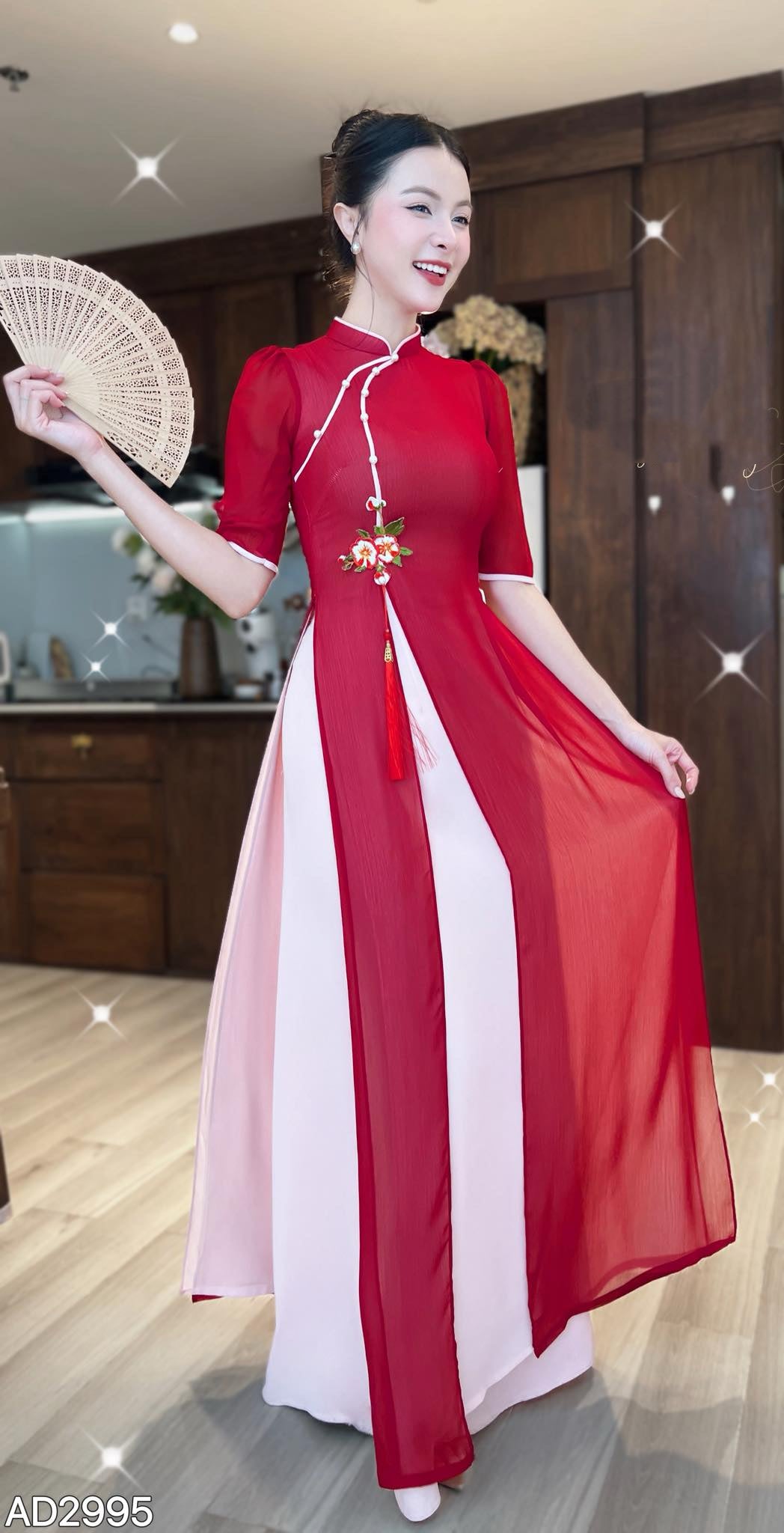 AD2995 2382 Áo ĐỎ + quần - Áo Dài 4 tà CÀNH LỘC XUÂN