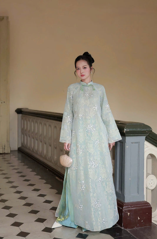 K293 Áo only no pants - Áo dài dáng suông kiíma màu xanh cao cấp
