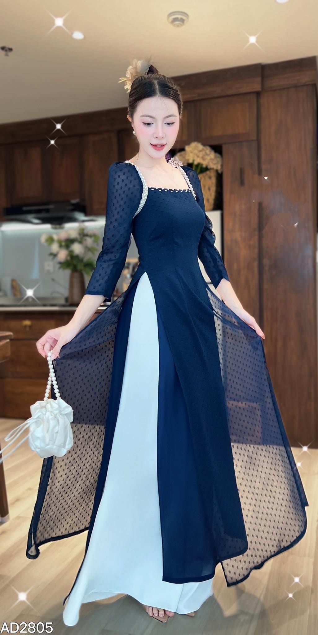 AD2805 -Áo only - 3301 Áo Dài 4 tà ngọc ruby xanh than, tím cà