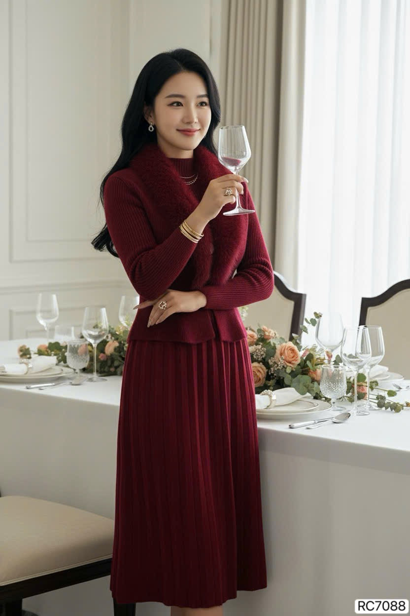 DRESS Rc7088 Set len cổ lông màu đỏ