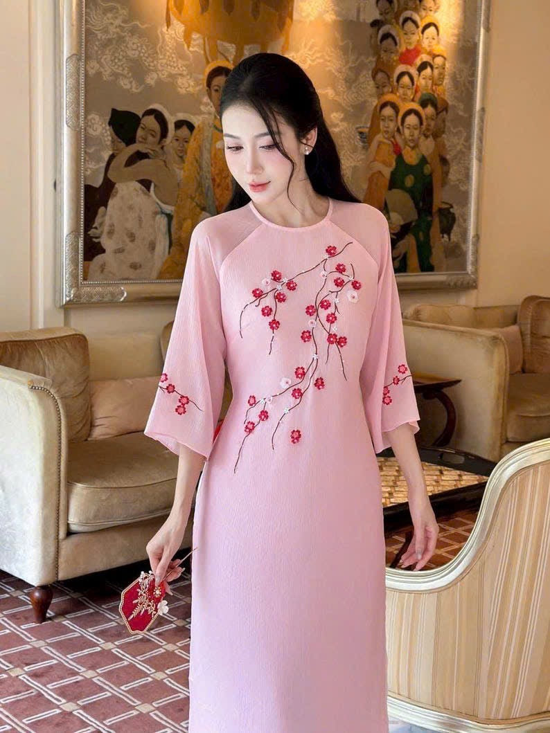 K108 5299 Áo only no pants - Áo dài cách tân tơ 4 tà thêu màu hồng