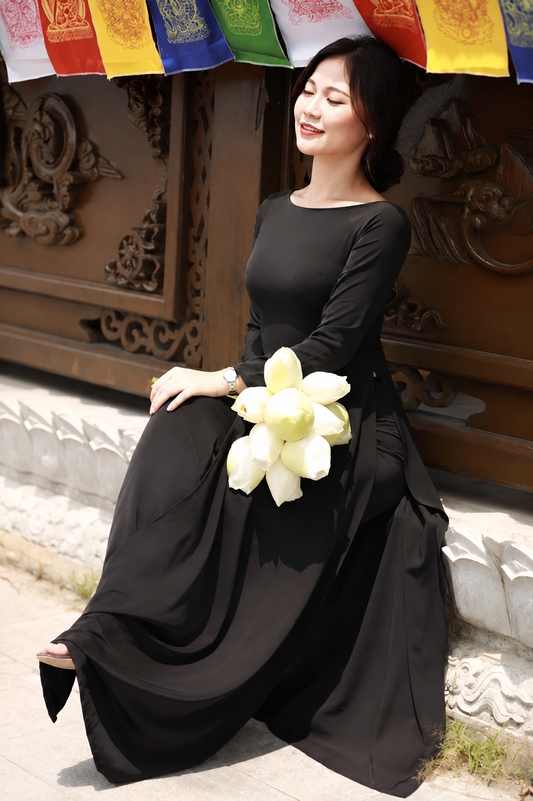 C81 5219 Áo only no pants - Áo dài lụa chiffon 4 tà màu đen trơn cổ thuyền nhỏ
