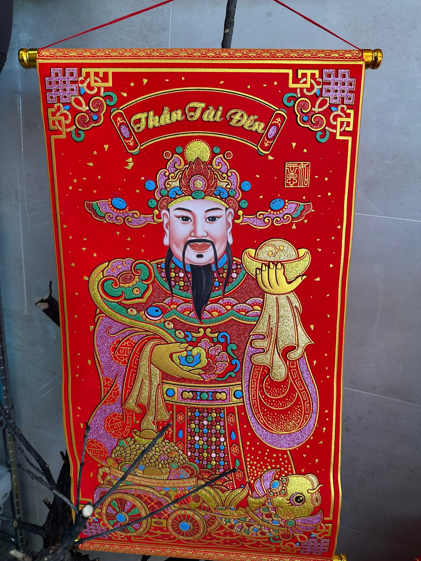 TET101 - Liễn đơn nhung THẦN TÀI ĐẾN - 3D siêu sắc nét