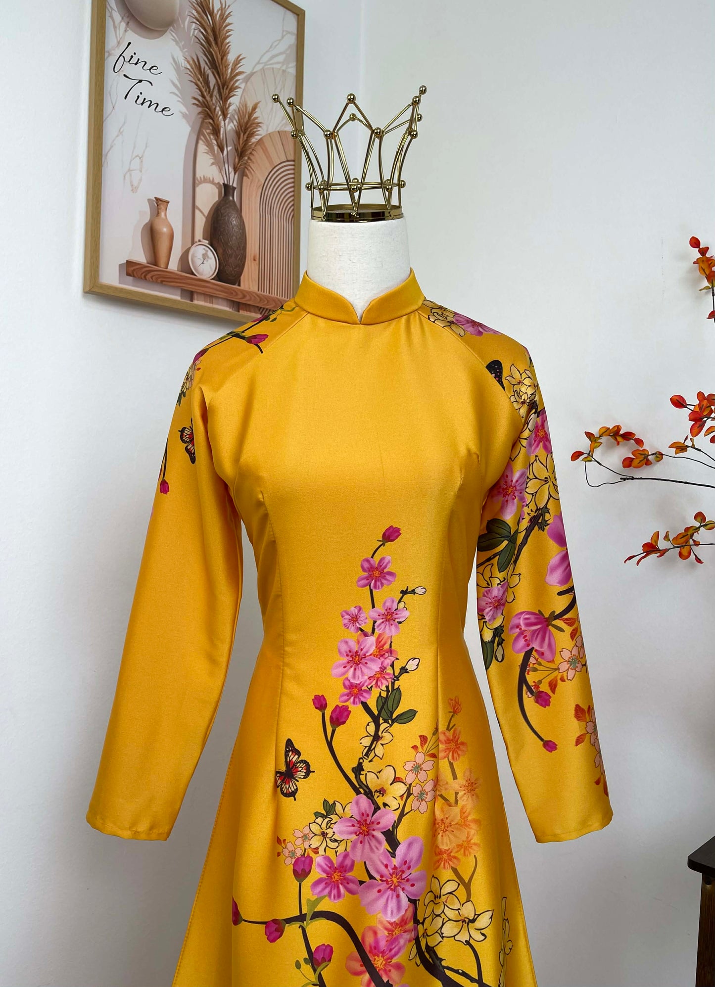 H428 1774 Áo only - Áo dài lụa kim sa phú quý màu vàng