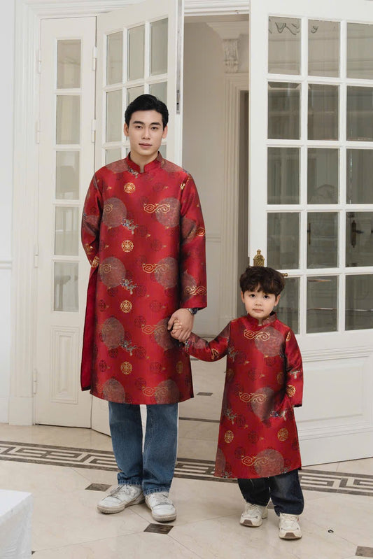 B113 1736 Áo only - Áo dài bố gấm hoa đỏ