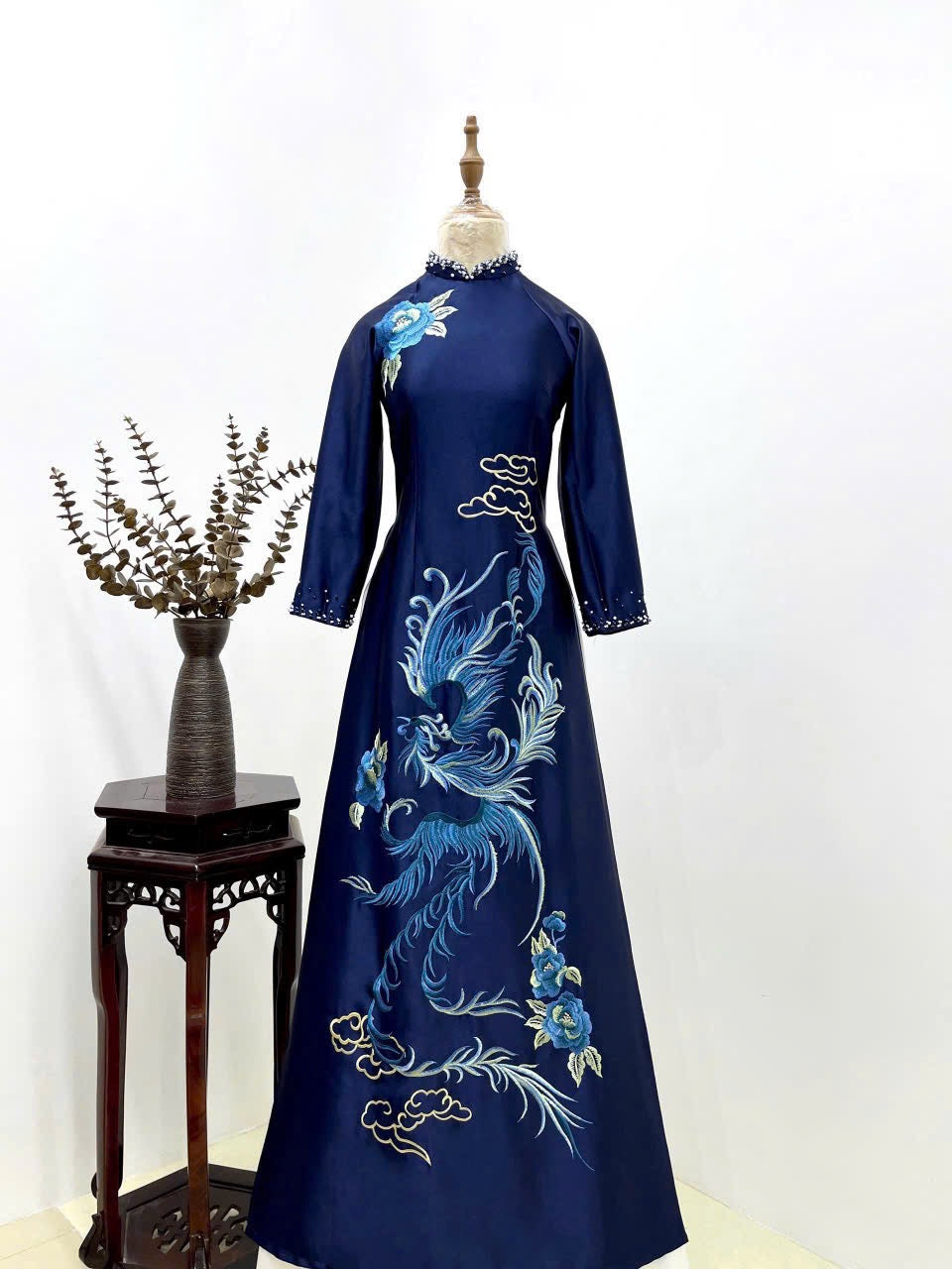 S255 2143 only áo - Áo dài lụa ruby thêu cao cấp đính pha lê màu xanh than