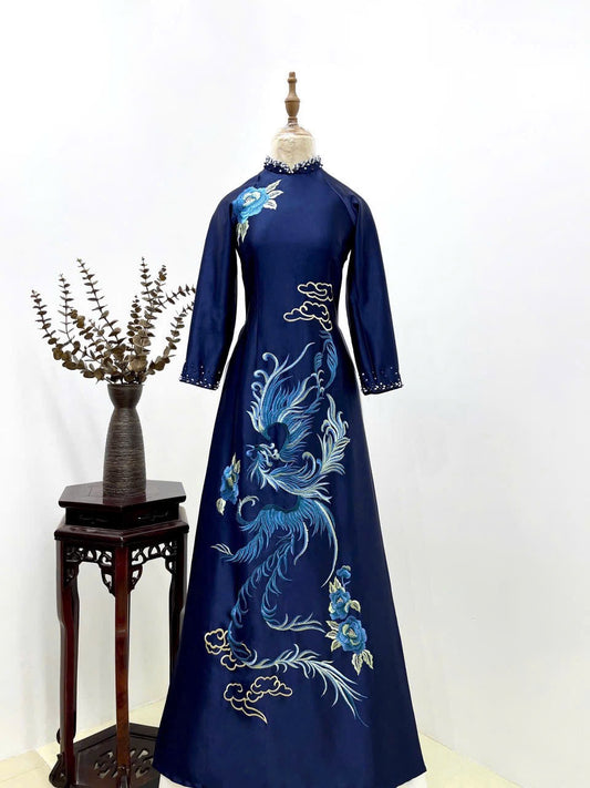 S255 2143 only áo - Áo dài lụa ruby thêu cao cấp đính pha lê màu xanh than