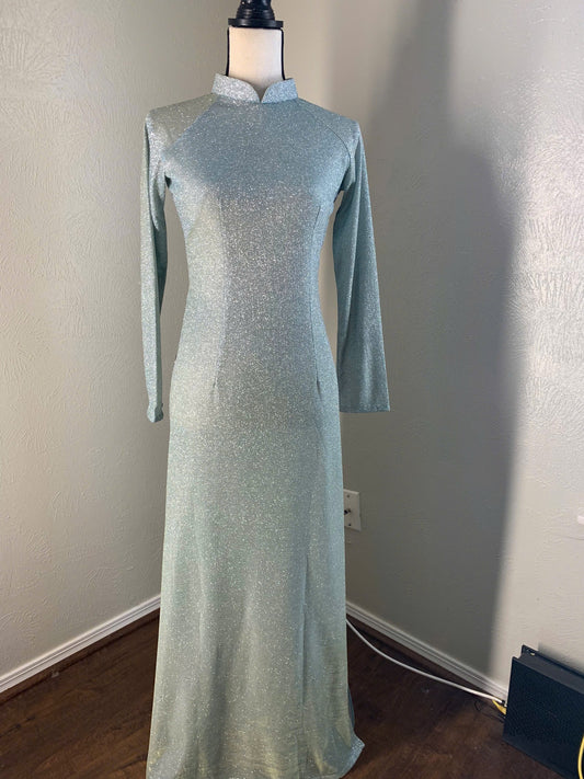 T456 Áo only - Áo dài kim tuyến xanh ngọc