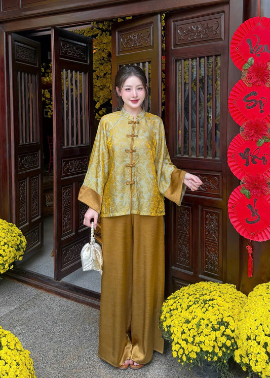 BB53 3550 - Set bà ba lụa tằm ánh kim tencel màu xanh