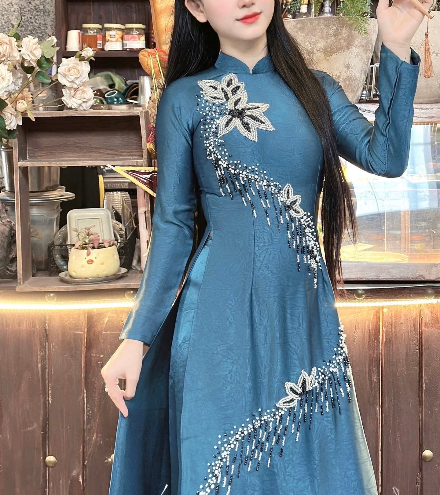 S227 Áo only - Áo dài lụa indo đính kết hoa dây màu xanh