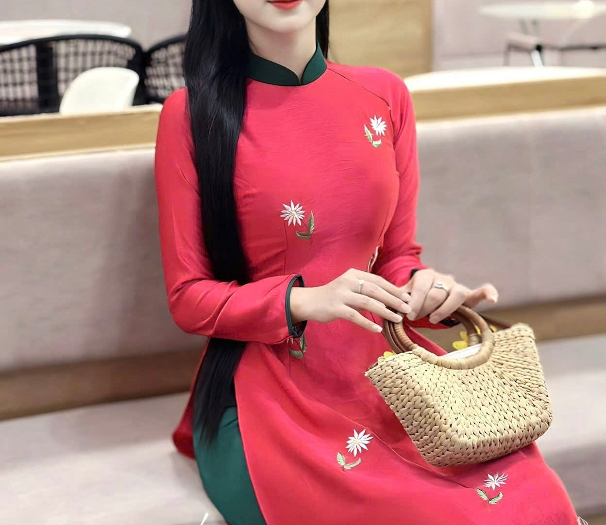 H268 1414 Áo only - Áo dài lụa hà lan hồng sen thêu phối cổ xanh