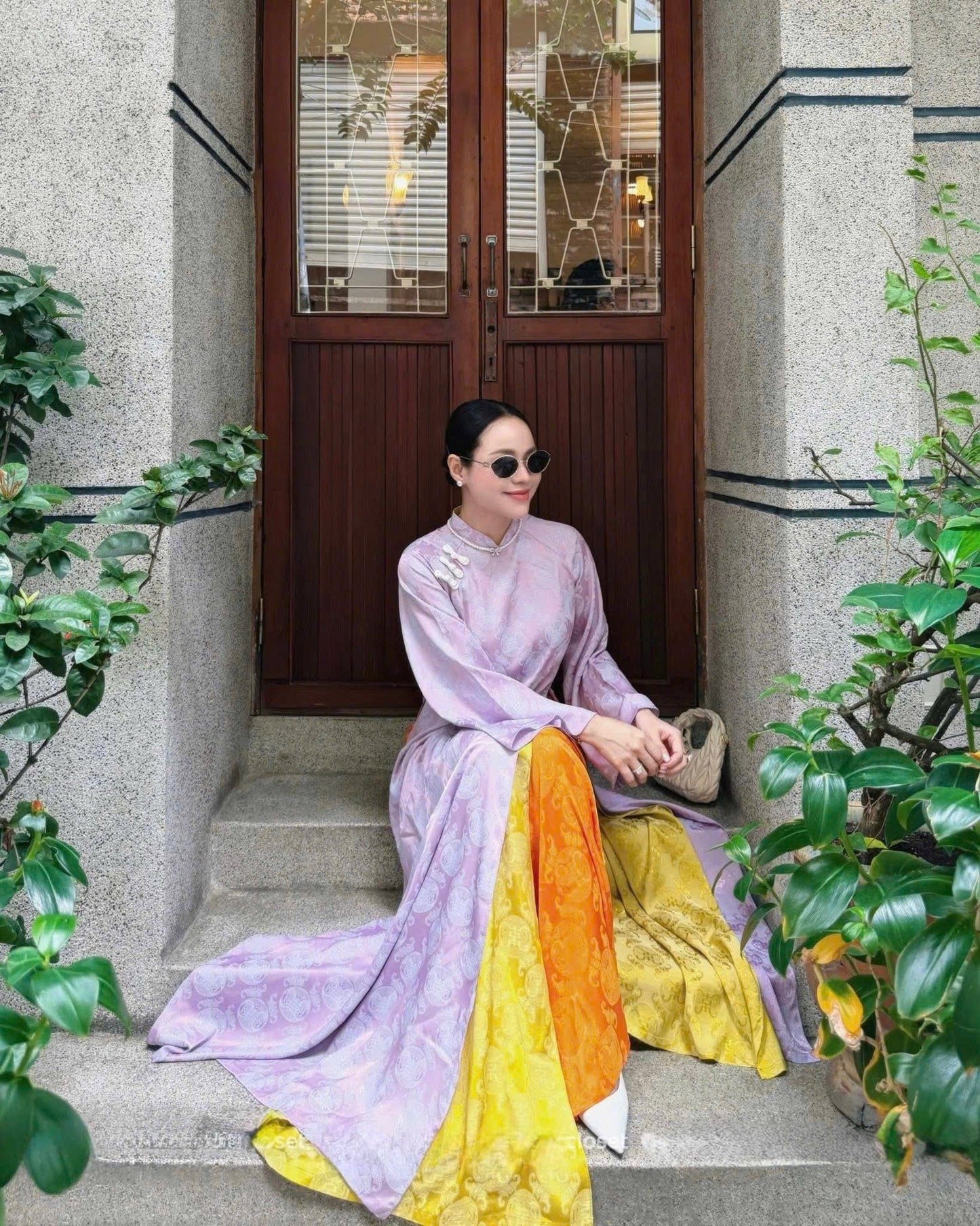 M259 2081 Áo + quần - Áo dài dáng suông 4 tà gấm thọ dơi kèm quần cùng chất