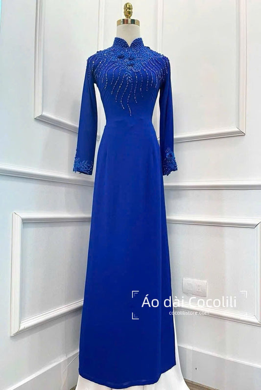 H601 Áo only no pants - Áo dài chiffon 4 tà thiết kế đính kết màu xanh coban