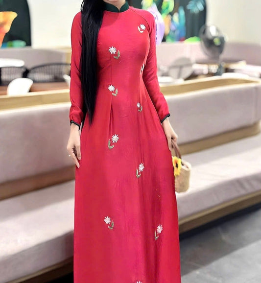 H268 1414 Áo only - Áo dài lụa hà lan hồng sen thêu phối cổ xanh