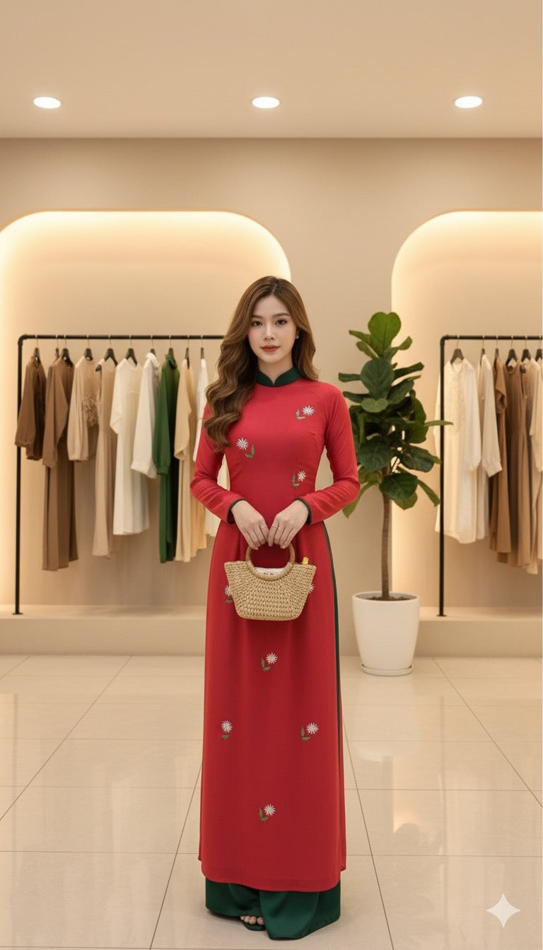 H268 1414 Áo only - Áo dài lụa hà lan hồng sen thêu phối cổ xanh