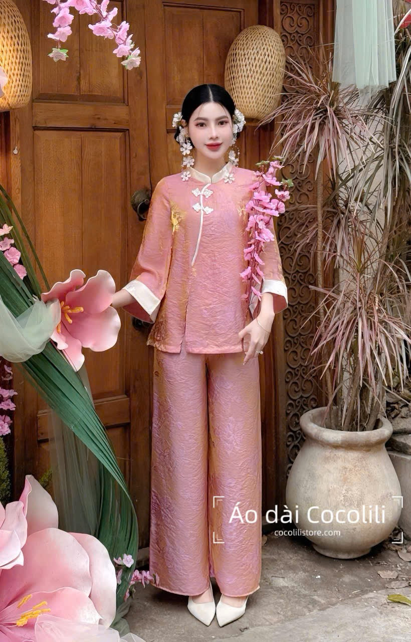 BB59 3225 - Set bà ba lụa tằm tencel ánh kim màu hồng