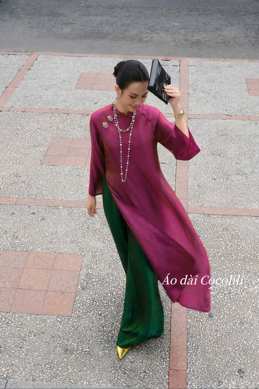 H636 3756 Áo + quần tằm - Áo dài dáng suông 2 tà lụa tằm ánh kim tencel
