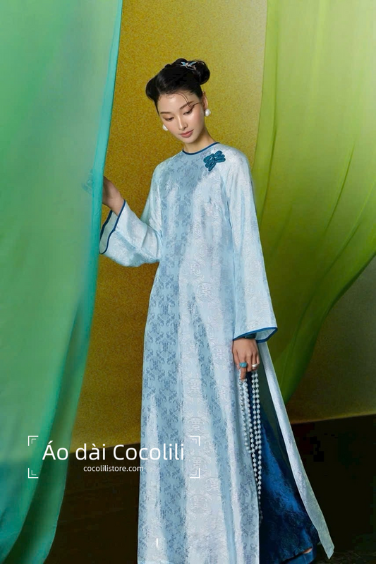 HD77 3274 Áo + quần nha xá - Áo dài dáng suông 2 tà lụa nha xá lót tơ may theo kỹ thuật dính liền tà