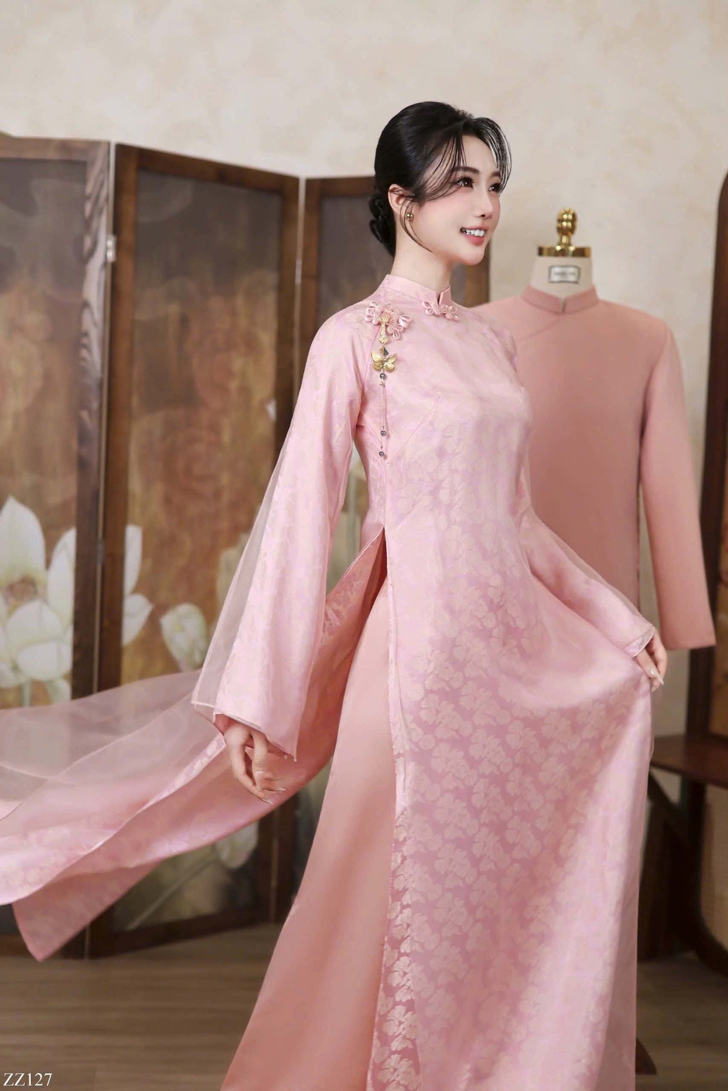 K367-6432 Áo only no pants - Áo dài dáng suông 4 tà tơ lót lụa màu hồng