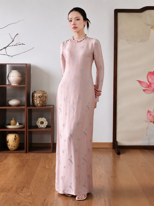 V20 4480 - Đầm lụa nha xá tay dài màu hồng
