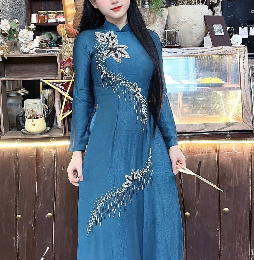 S227 Áo only - Áo dài lụa indo đính kết hoa dây màu xanh