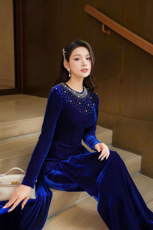 H326 Áo only - Áo dài nhung đính kết cổ màu xanh coban