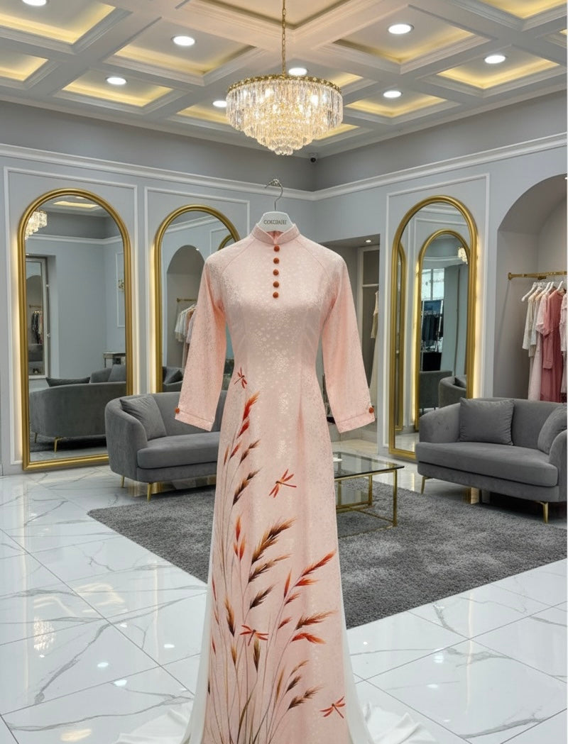 H254 1400 Áo + quần - Áo dài lụa hoa mai đính cúc bọc + quần