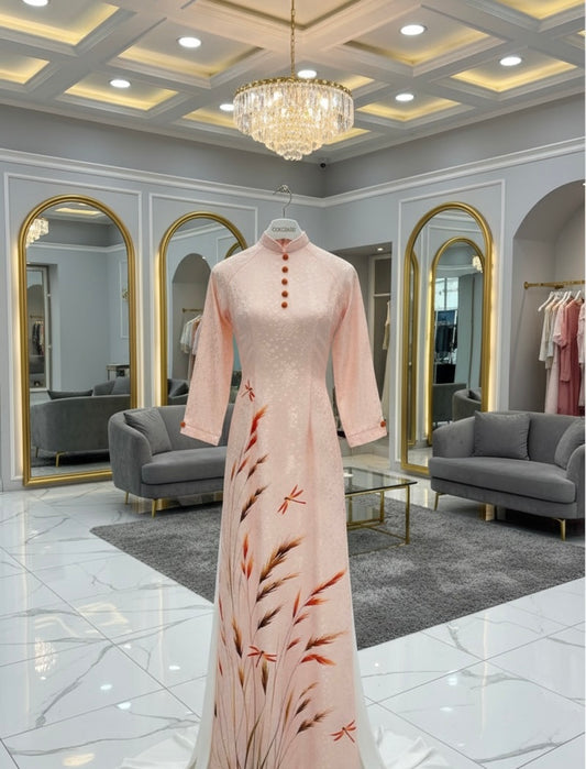 H254 1400 Áo + quần - Áo dài lụa hoa mai đính cúc bọc + quần