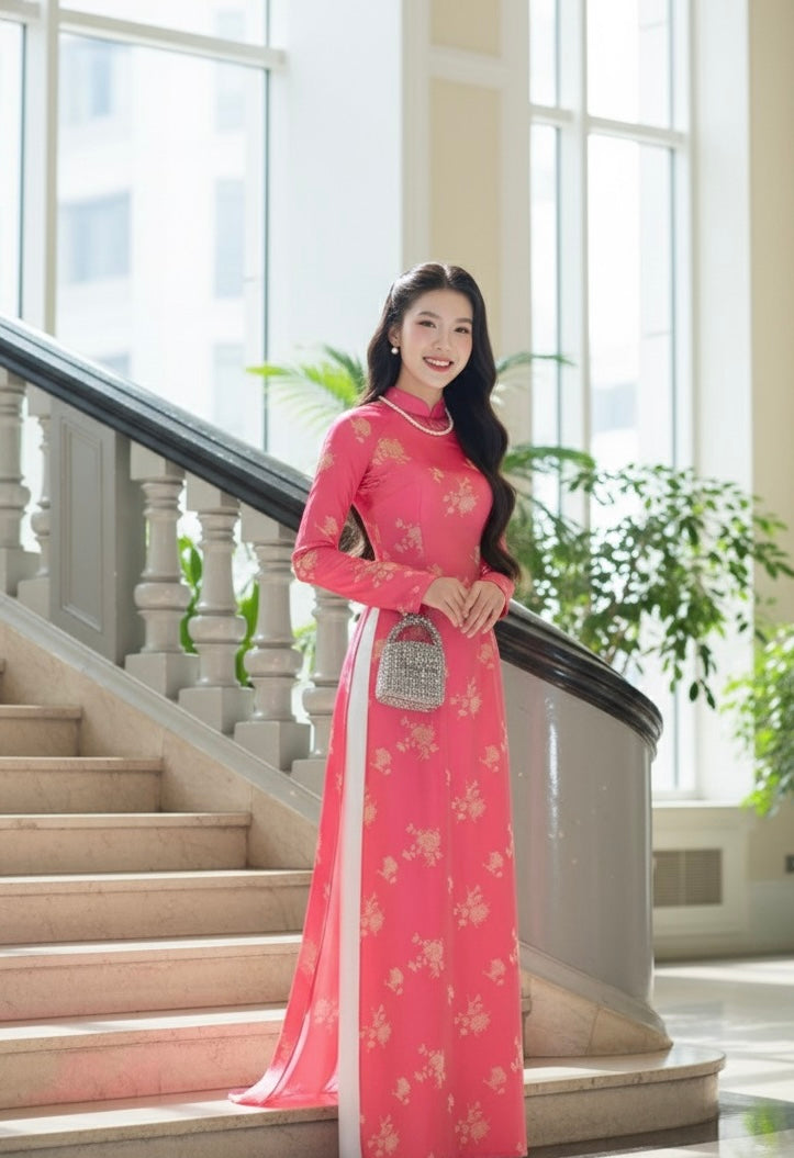 H272 1463 Áo only - Áo dài tơ tằm 2 da hồng ánh vàng