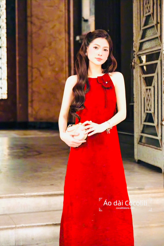 M386 Yếm đỏ + quần trắng - Set yếm dáng suông tằm ánh kim tencel đính hoa