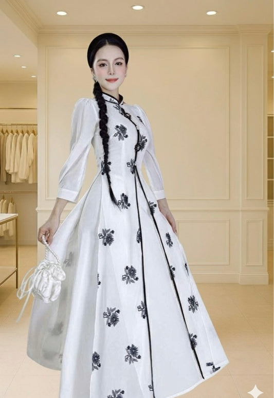 AD2891 Áo only - Áo dài 4 tà hoa cẩm đen