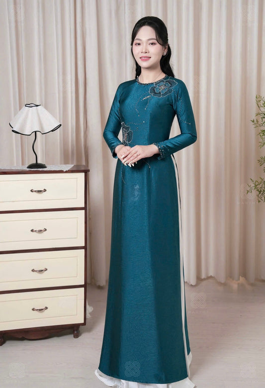 S220 1601 Áo only - Áo dài đính kết lụa bảo ngọc màu xanh cổ vịt