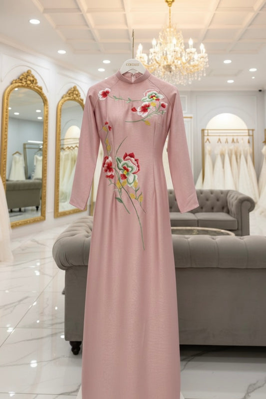 H257 1404 Áo dài lụa hà lan thêu hoa + quần cùng chất